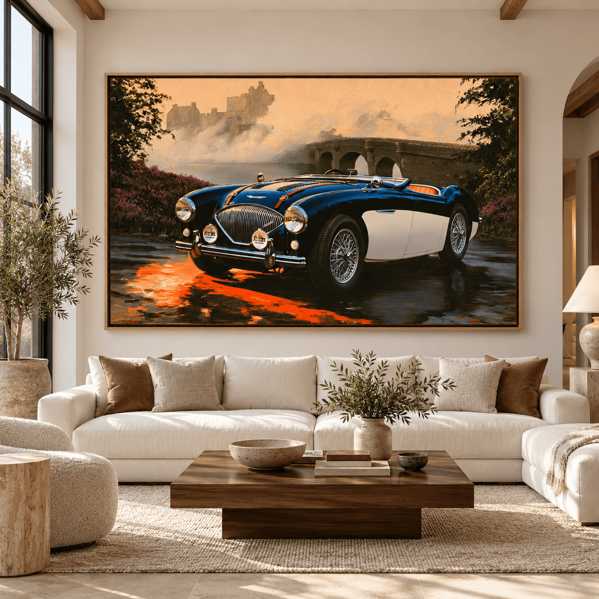 Classic Car Painting Original – Highland Roadster by Rossetti Art, framed vintage convertible painting above an ivory sofa