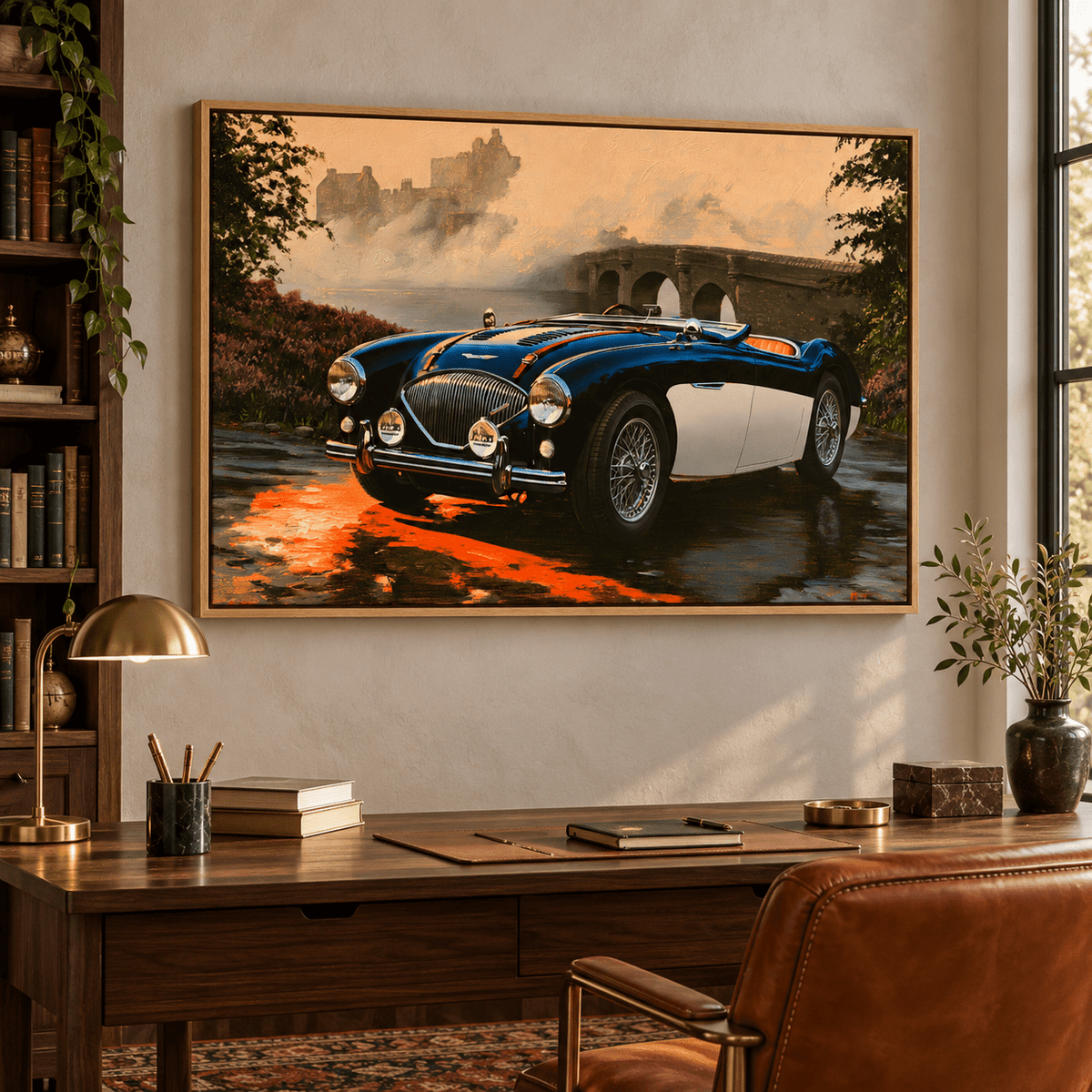Classic Car Painting Original – Highland Roadster by Rossetti Art, framed vintage convertible painting in a study