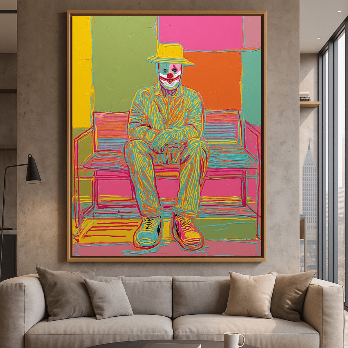 Original Painting : Clown Canvas Painting - Neon Expressionist Original Painting by Chiara Rossetti” modern abstract canvas wall art by Rossetti Art – luxury interior design artwork for living room, bedroom, office – handmade wall art minimalist modern artwork modern art on canvas