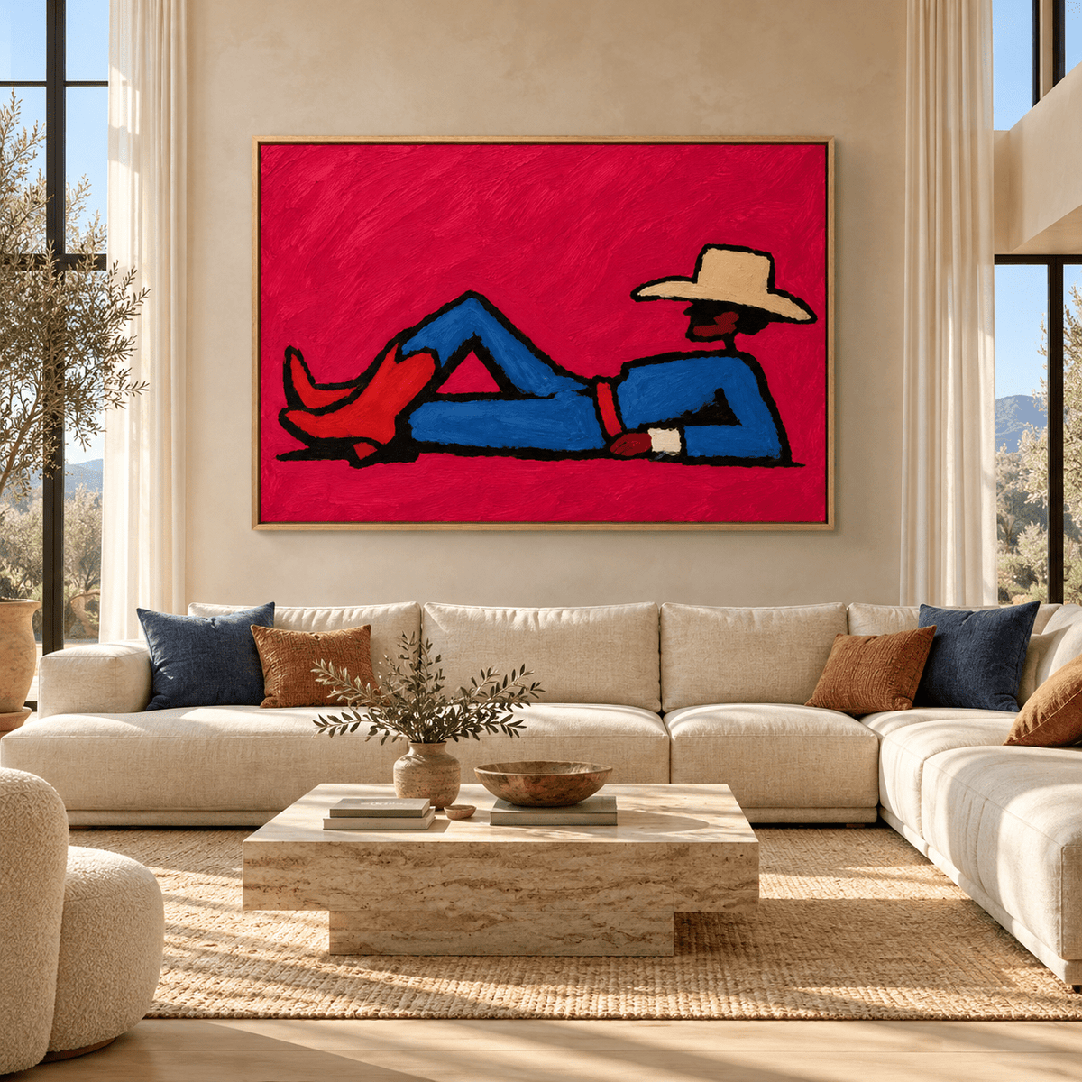 Cowboy Art – Crimson Rest above a sectional sofa by Rossetti Art