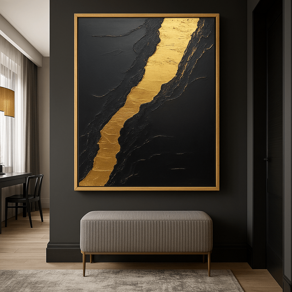 Original Painting : Cracked Gold – Textured Black & Gold Foil Art - Chiara Rossetti