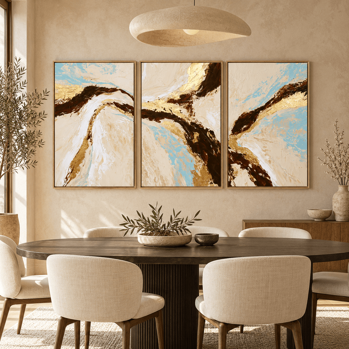 Cream and Gold Wall Art – Amber Current by Rossetti Art, ivory and gold triptych in a dining room