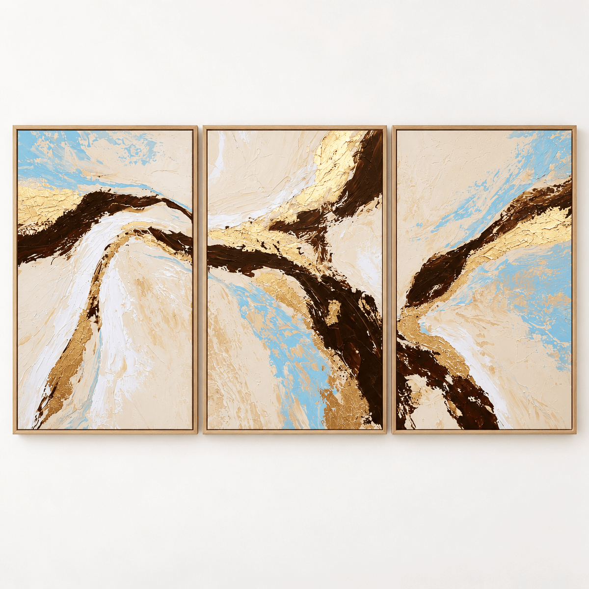 Cream and Gold Wall Art – Amber Current by Rossetti Art, framed ivory and gold abstract triptych