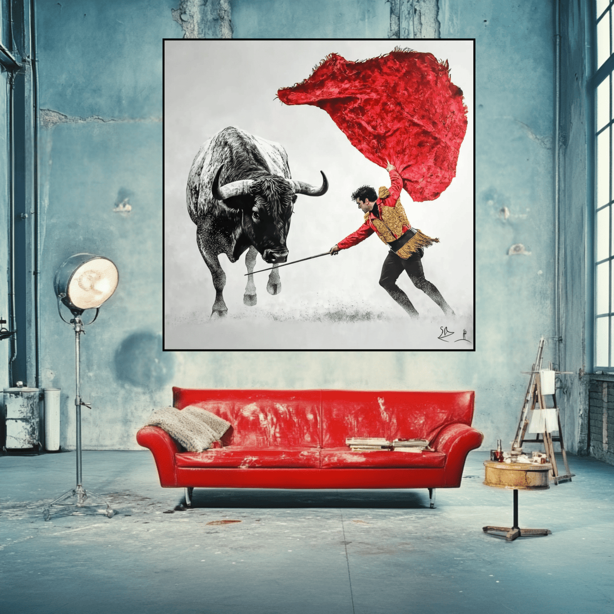 Original Painting : Crimson Duel – Matador and Bull Painting modern abstract canvas wall art by Rossetti Art – luxury interior design artwork for living room, bedroom, office – Action Art for Living Room Dramatic Red Textured Painting Modern Gladiator Artwork