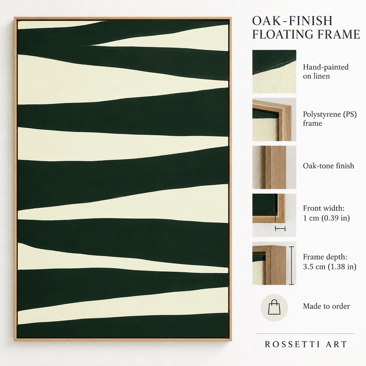 Dark Green Painting – Pine Ribbons by Rossetti Art, hand-painted on linen with polystyrene floater frame details