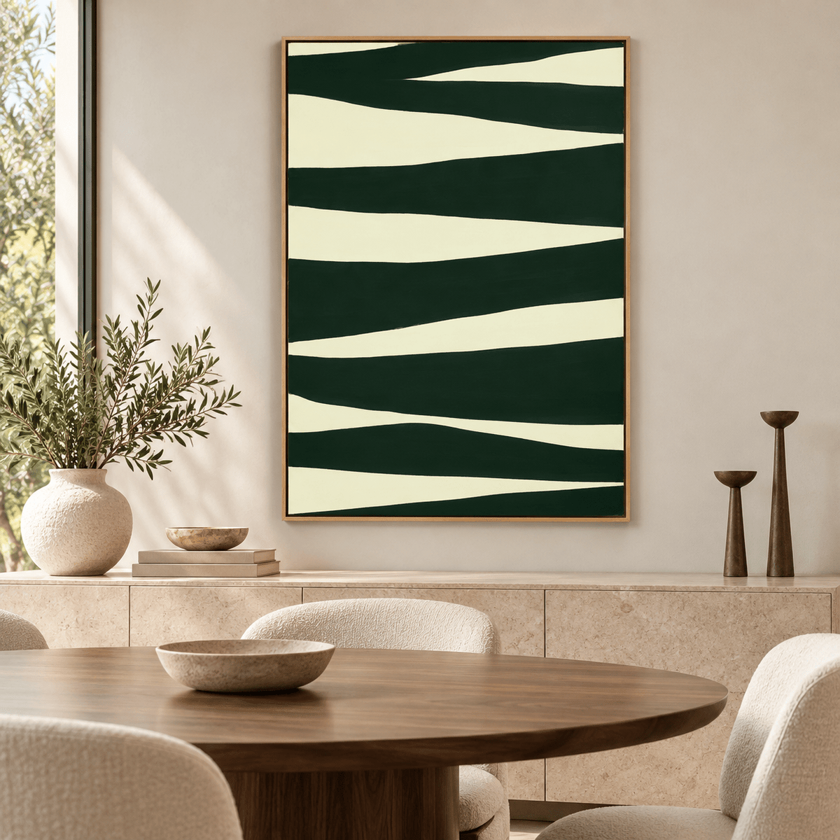 Dark Green Painting – Pine Ribbons by Rossetti Art above a sideboard in a dining room