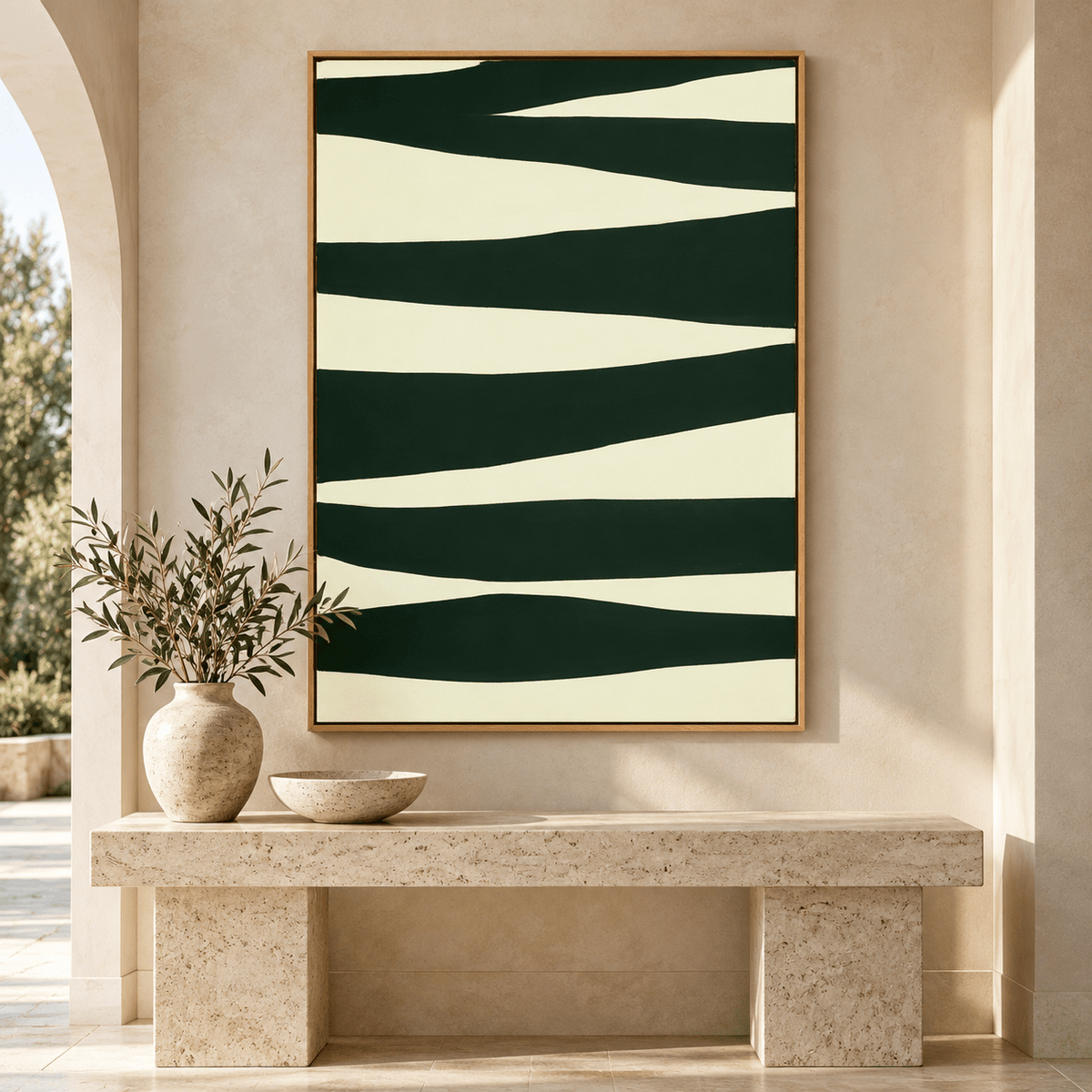 Dark Green Painting – Pine Ribbons by Rossetti Art above a stone console in an entryway