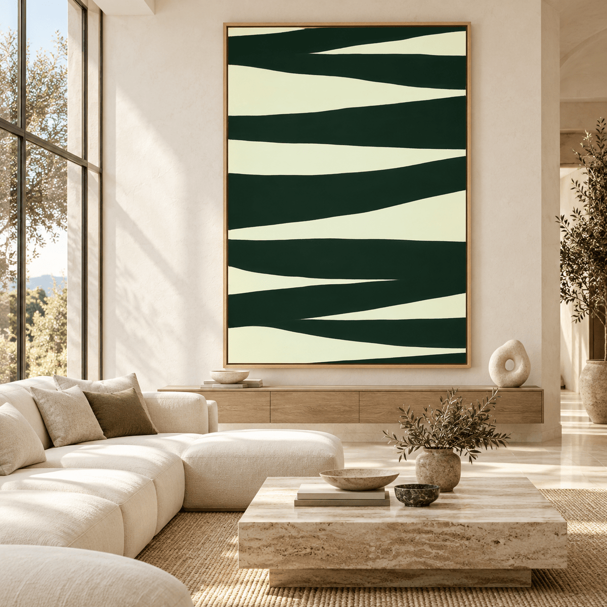 Dark Green Painting – Pine Ribbons by Rossetti Art, oversized original above a sofa in a living room