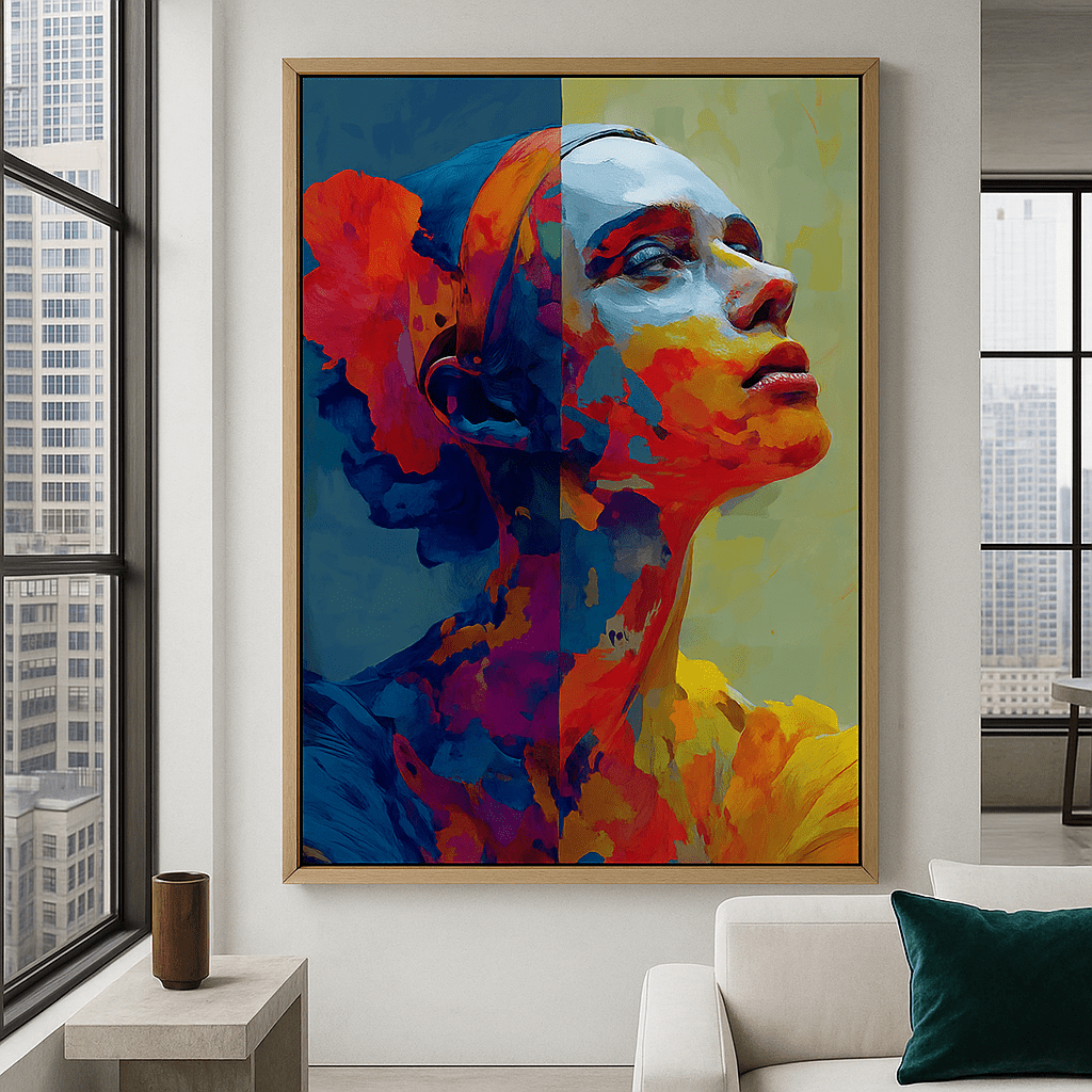 Original Painting : Dual Soul - Colorful Woman Face Painting modern abstract canvas wall art by Rossetti Art – luxury interior design artwork for living room, bedroom, office – abstract woman painting Bold color art canvas colorful woman face painting