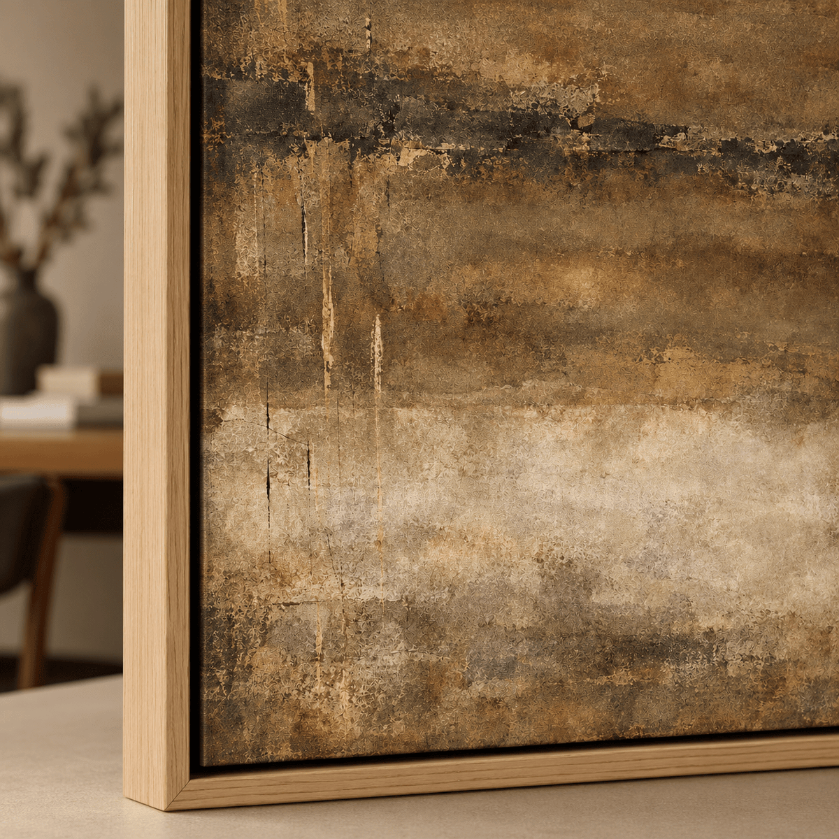 Earth Tone Abstract Art – Weathered Ground by Rossetti Art, close-up of the layered texture and corner detail