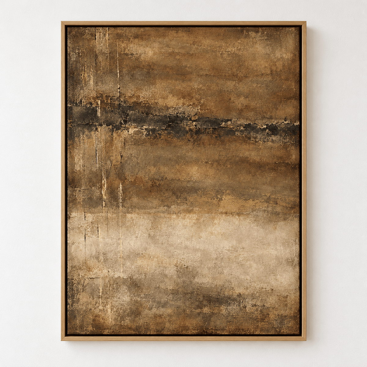 Earth Tone Abstract Art – Weathered Ground by Rossetti Art, vertical original painting in brown, tan and black with a dark horizon band and cracked texture