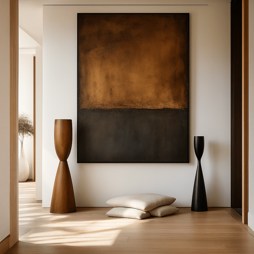 Original Painting : Eclipsed Horizon - Copper & Charcoal Abstract Original Painting – Modern Minimalist Wall Art by Chiara Rossetti modern abstract canvas wall art by Rossetti Art – luxury interior design artwork for living room, bedroom, office – abstract expressionist painting abstract wall art art for modern homes