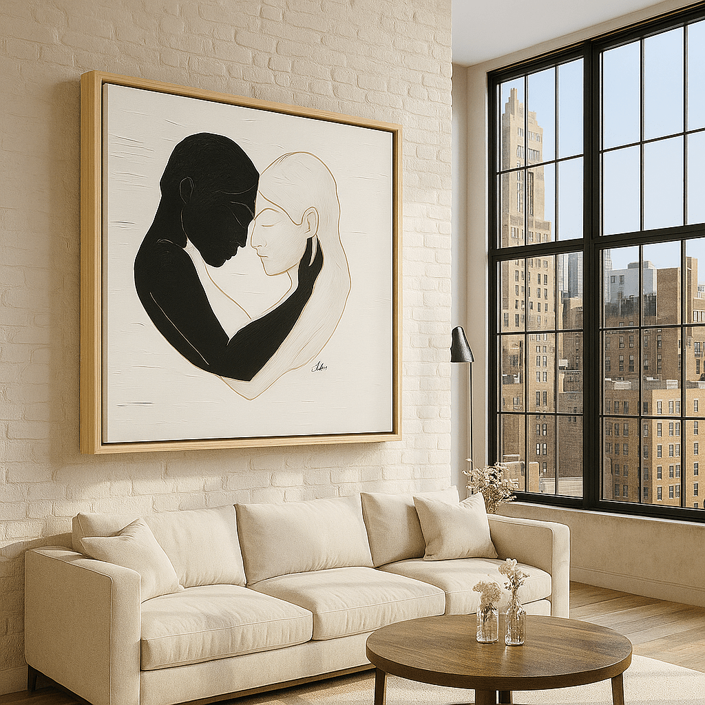Original Painting : Embrace in Monochrome - Love Minimalist Original Painting on Canvas modern abstract canvas wall art by Rossetti Art – luxury interior design artwork for living room, bedroom, office – bull portrait canvas emotional artwork framed animal canvas