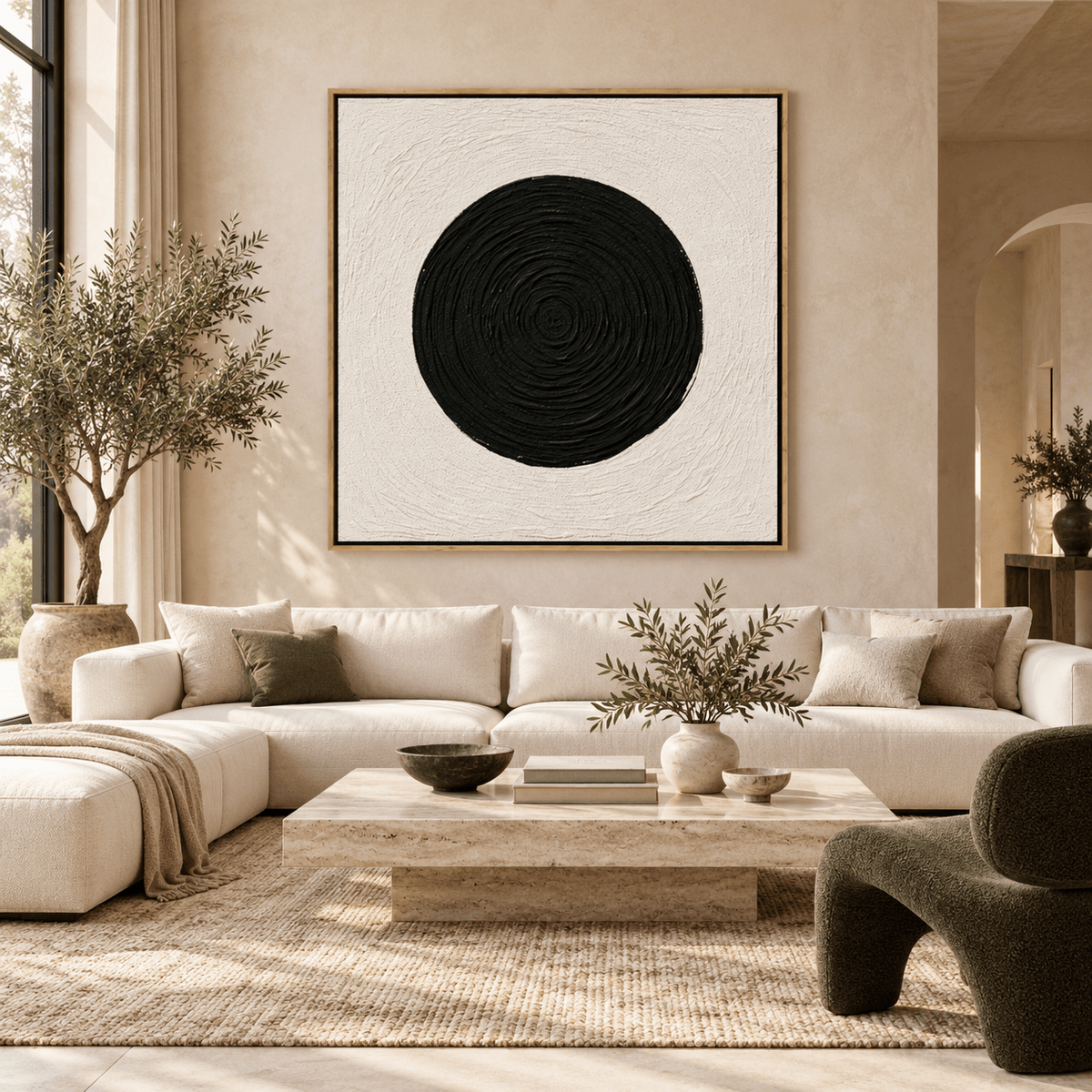Enso Painting Original – Midnight Enso above a living room sofa by Rossetti Art