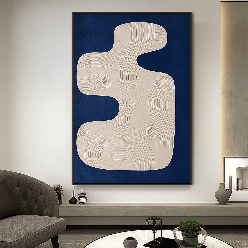 Original Painting : Ethereal Form - Navy Blue & Ivory Textured Original Painting modern abstract canvas wall art by Rossetti Art – luxury interior design artwork for living room, bedroom, office – abstract expressionist painting abstract wall art art for modern homes