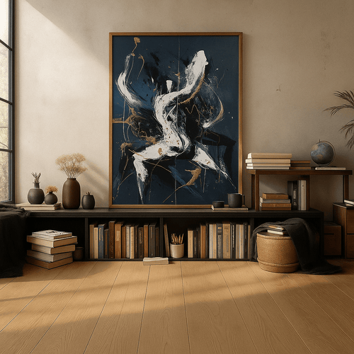 Original Painting : Ethereal Motion - Abstract Gold & White on Midnight Blue – Luxury Original Painting by Chiara Rossetti modern abstract canvas wall art by Rossetti Art – luxury interior design artwork for living room, bedroom, office – abstract canvas for gallery walls abstract expressionism painting abstract expressionist painting