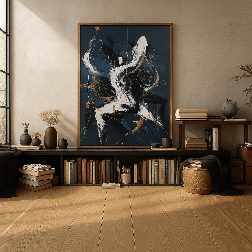 Original Painting : Ethereal Motion - Abstract Gold & White on Midnight Blue – Luxury Original Painting by Chiara Rossetti modern abstract canvas wall art by Rossetti Art – luxury interior design artwork for living room, bedroom, office – abstract canvas for gallery walls abstract expressionism painting abstract expressionist painting