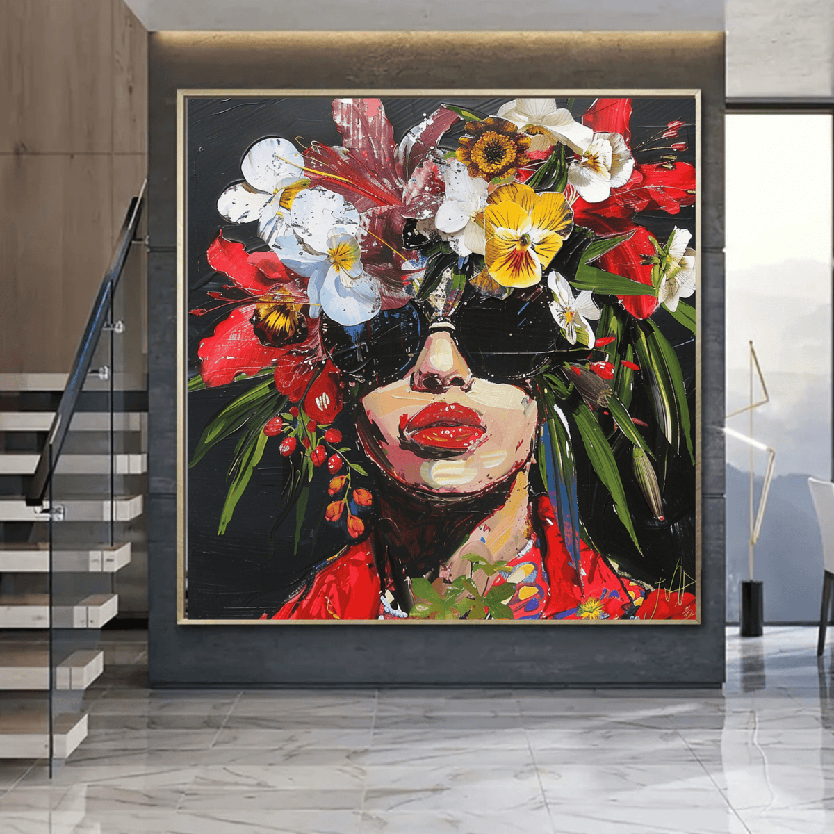 Original Painting : "Floral Fusion" modern abstract canvas wall art by Rossetti Art – luxury interior design artwork for living room, bedroom, office – artistic flower crown black canvas art bohemian floral artwork