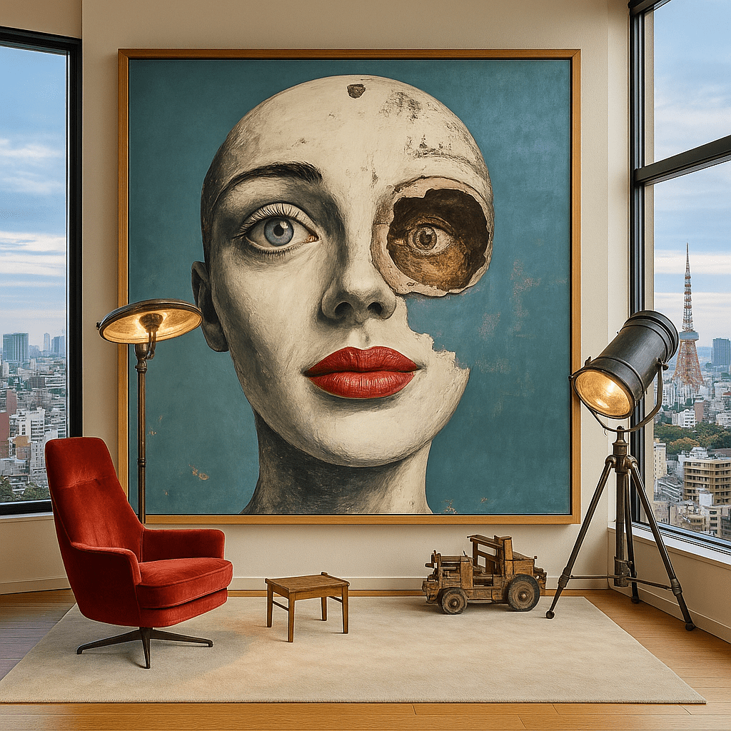 Original Painting : Fractured Beauty – Surreal Portrait Wall Art with Blue Background - Chiara Rossetti