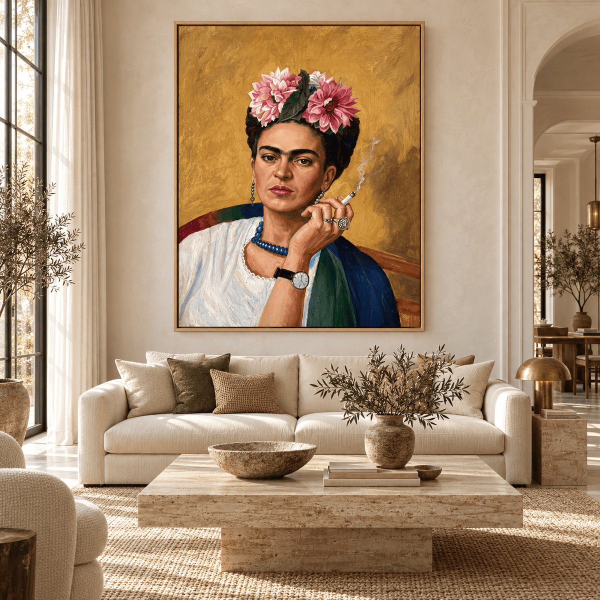 Frida Kahlo Original Painting – Frida by Rossetti Art above a cream sofa