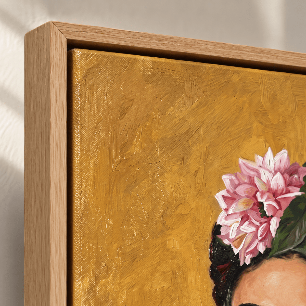 Frida Kahlo Original Painting – Frida by Rossetti Art, close-up of the hand-painted brushwork and corner