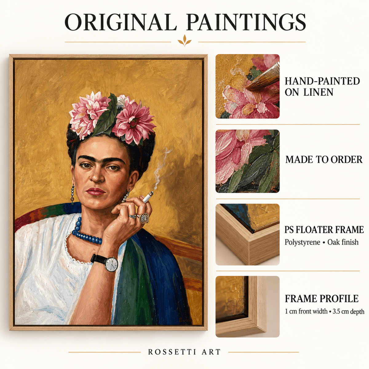 Frida Kahlo Original Painting — Frida by Rossetti Art modern abstract canvas wall art by Rossetti Art – luxury interior design artwork for living room, bedroom, office – Dining Room Original Paintings frida kahlo original painting frida kahlo painting for sale