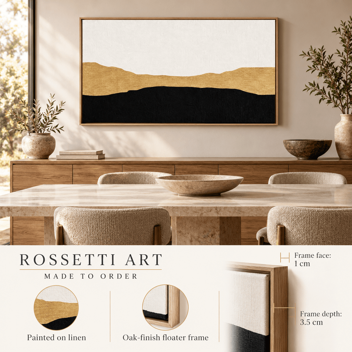 Gold and Black Wall Art – Golden Ridge framed painting in a styled room by Rossetti Art