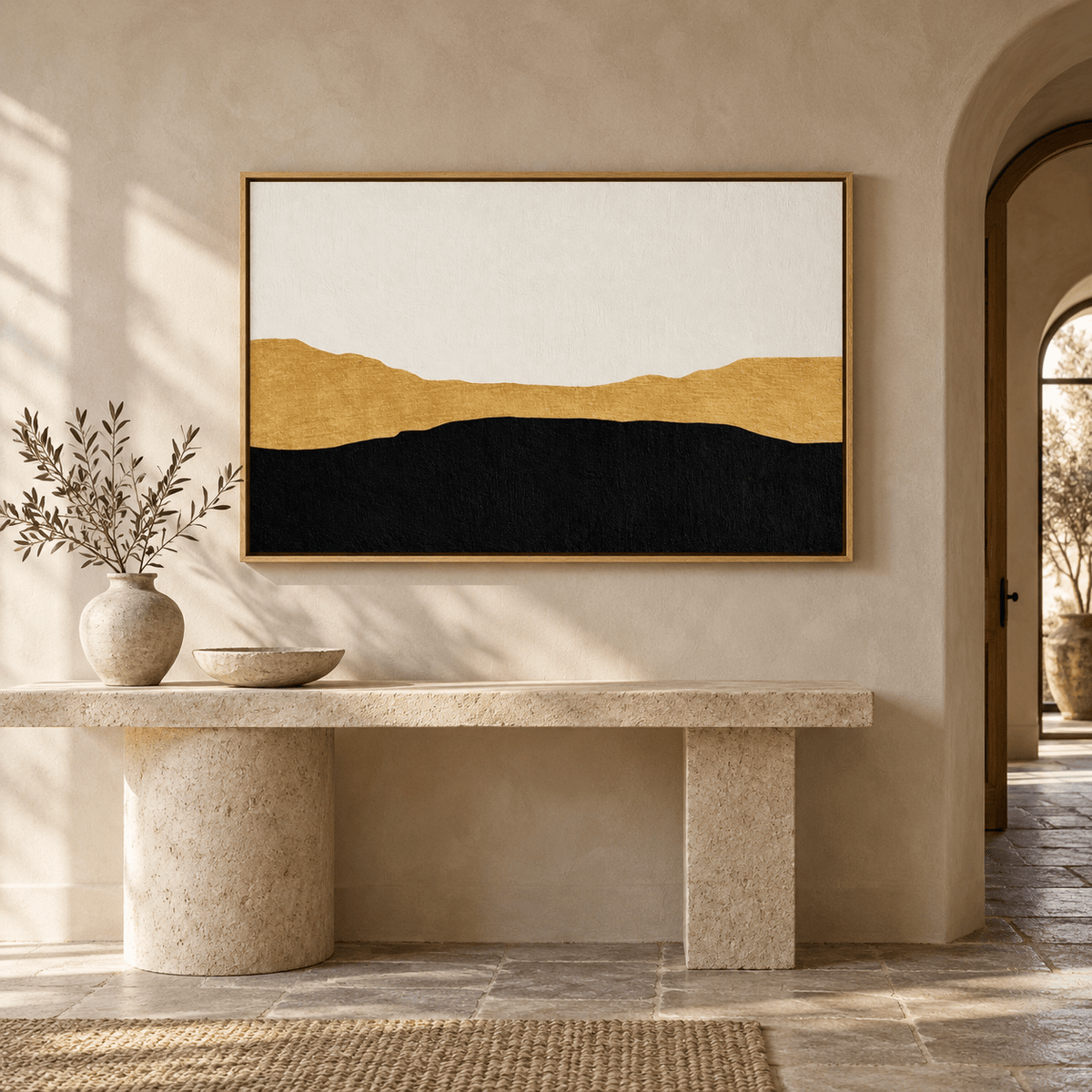 Gold and Black Wall Art – Golden Ridge above a console by Rossetti Art