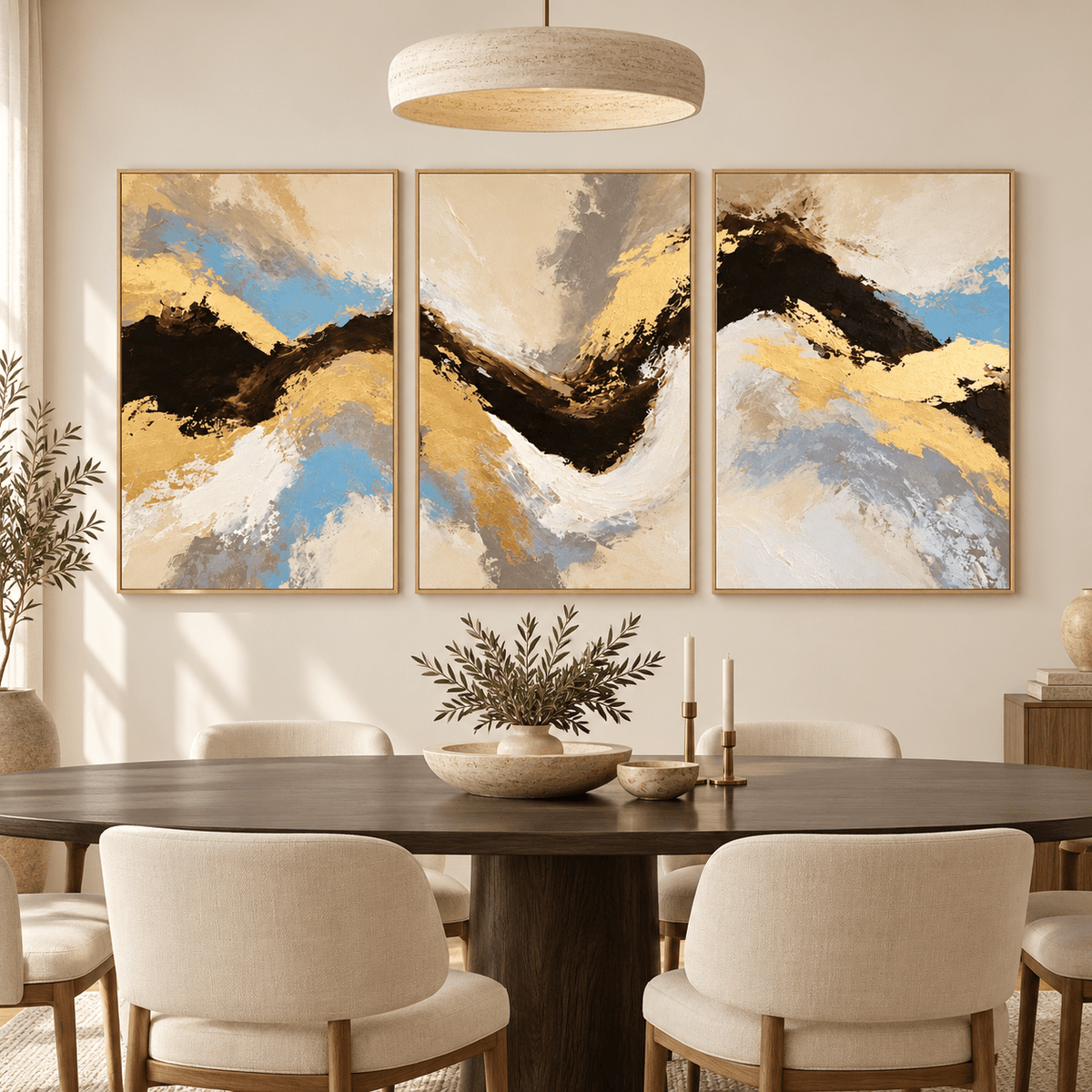 Gold and Grey Wall Art – Gilt Ridge set of 3 by Rossetti Art, framed golden gestural triptych