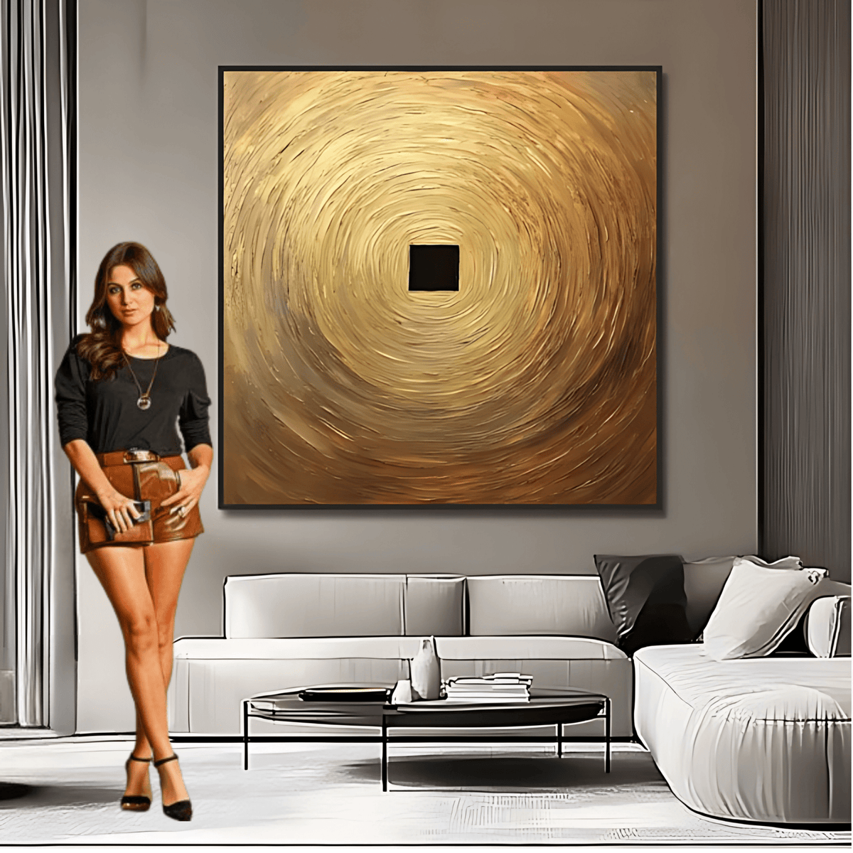 Original Painting : Gold Circle - Gold Painting on Canvas modern abstract canvas wall art by Rossetti Art – luxury interior design artwork for living room, bedroom, office – abstract painting print abstract wall art art for modern interiors
