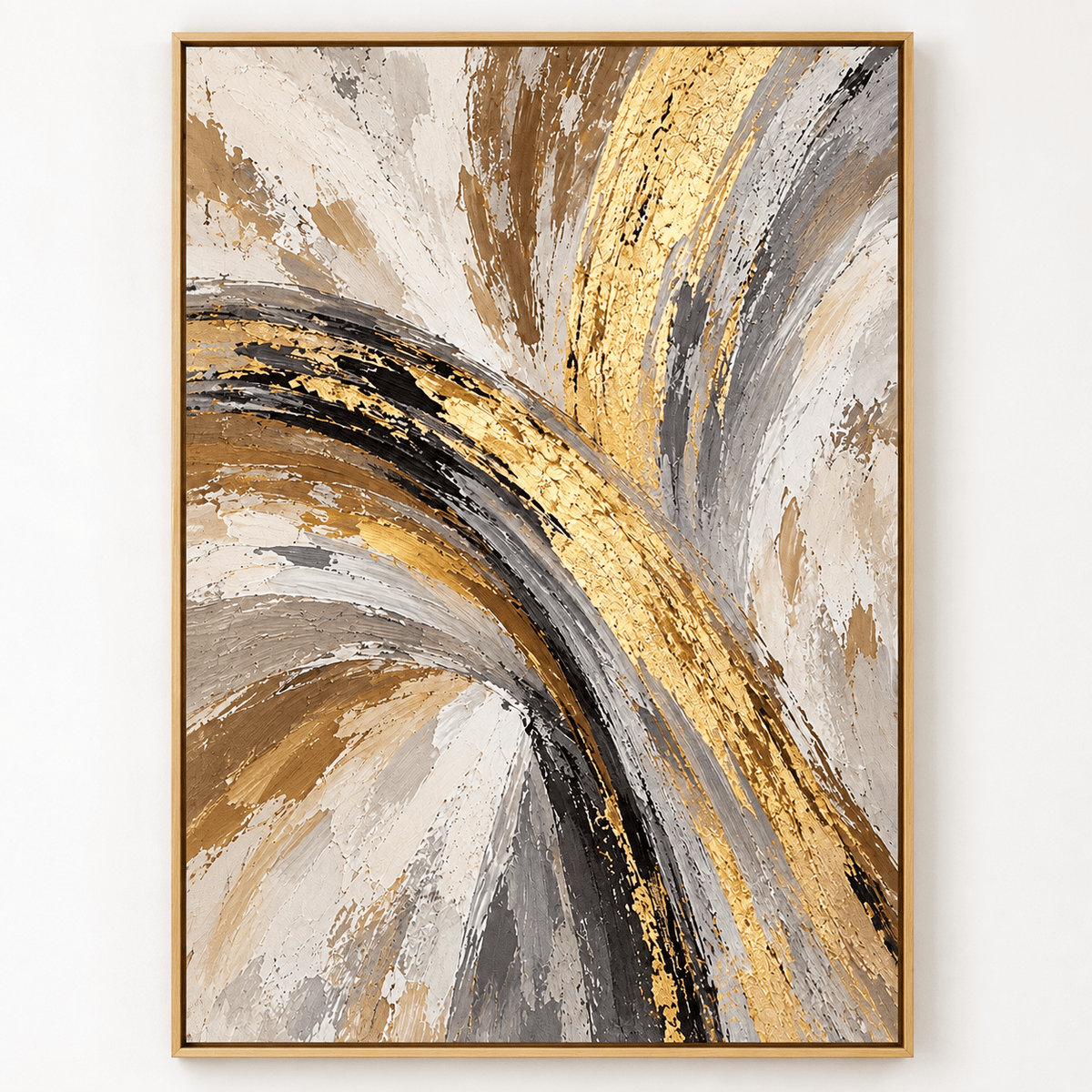 Gold Leaf Abstract Painting – Gilded Arc framed on a white wall by Rossetti Art