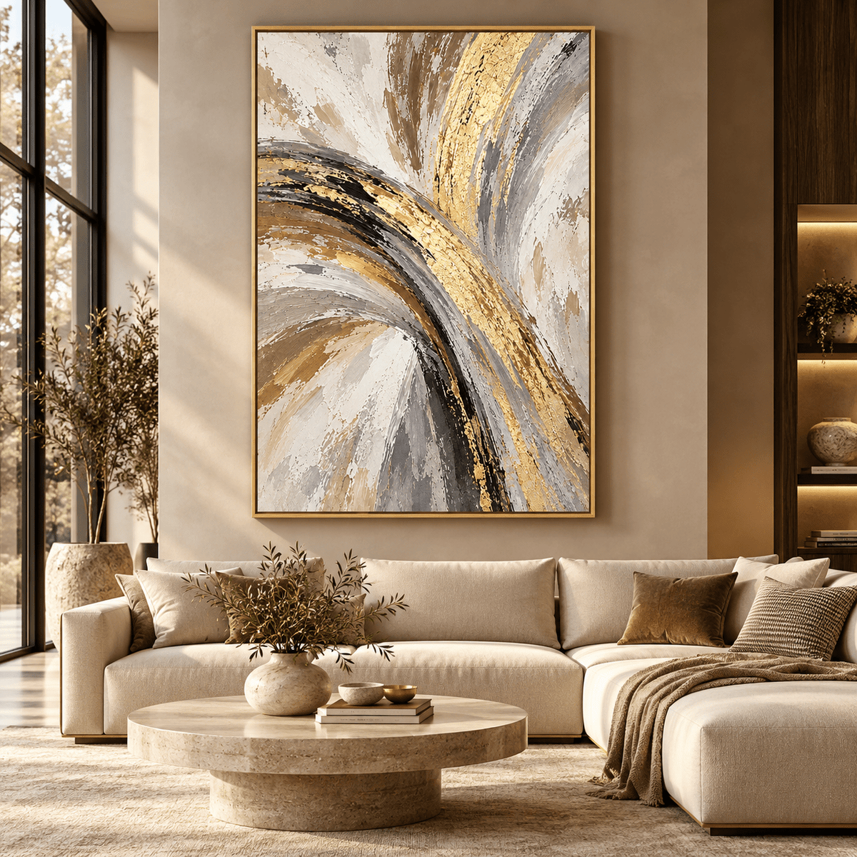 Gold Leaf Abstract Painting – Gilded Arc original painting in a living room by Rossetti Art