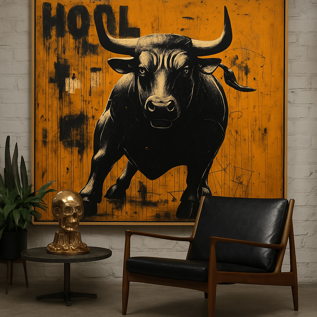 Original Painting : "Golden Bull Charge" – Bold Bull Portrait Canvas modern abstract canvas wall art by Rossetti Art – luxury interior design artwork for living room, bedroom, office – bull portrait canvas emotional artwork framed animal canvas