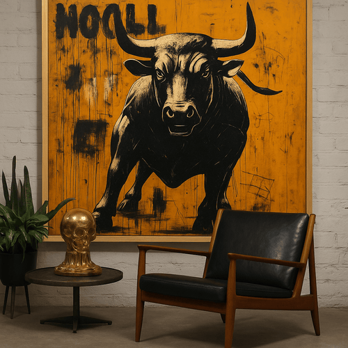 Original Painting : "Golden Bull Charge" – Bold Bull Portrait Canvas modern abstract canvas wall art by Rossetti Art – luxury interior design artwork for living room, bedroom, office – bull portrait canvas emotional artwork framed animal canvas