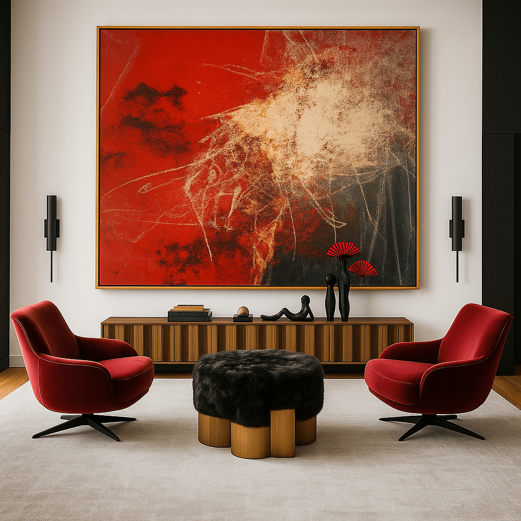 Original Painting: Golden Grace – Red & Charcoal Expressionist Wall Art modern abstract canvas wall art by Rossetti Art – luxury interior design artwork for living room, bedroom, office – Blue Canvas Art Bold Wall Art Creative Interior Style