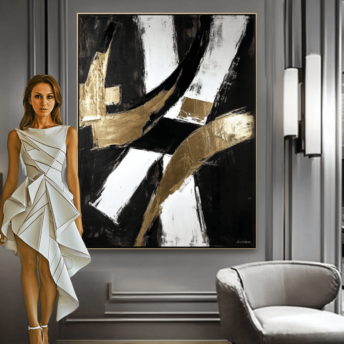 Original Painting : Golden Monolith - Black and Gold Painting on Canvas modern abstract canvas wall art by Rossetti Art – luxury interior design artwork for living room, bedroom, office – black and gold art black and gold artwork black and gold canvas art