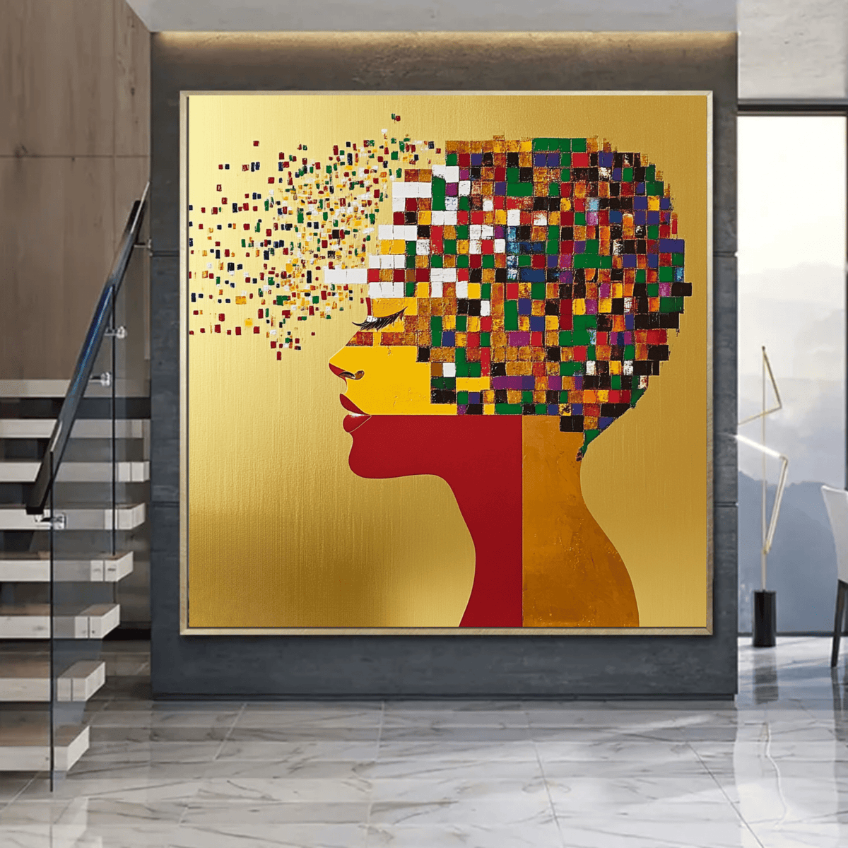 Original Painting : Golden Mosaic Silhouette – Modern Handmade Abstract Canvas Art modern abstract canvas wall art by Rossetti Art – luxury interior design artwork for living room, bedroom, office – Abstract silhouette artwork art for modern interiors Colorful luxury painting