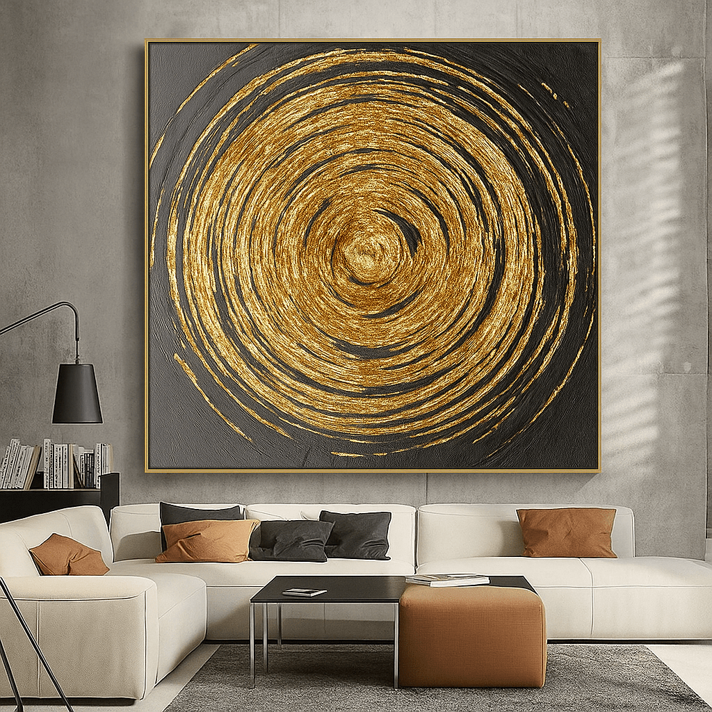 Original Painting : Golden Spiral – Abstract Original Painting in Gold & Charcoal Tones | Luxury Modern Wall Art modern abstract canvas wall art by Rossetti Art – luxury interior design artwork for living room, bedroom, office – abstract wall art art for modern interiors artistic home decor