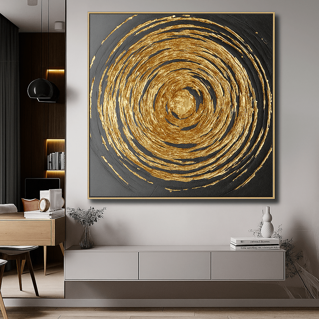 Original Painting : Golden Spiral – Abstract Original Painting in Gold & Charcoal Tones | Luxury Modern Wall Art modern abstract canvas wall art by Rossetti Art – luxury interior design artwork for living room, bedroom, office – abstract wall art art for modern interiors artistic home decor