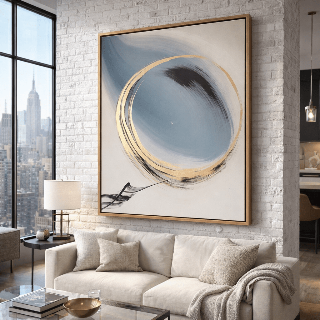 Original Painting : Golden Zen Circle – Zen Circle Painting modern abstract canvas wall art by Rossetti Art – luxury interior design artwork for living room, bedroom, office – Calm Interior Decor Gold Foil Abstract Art Handmade Art Canvas
