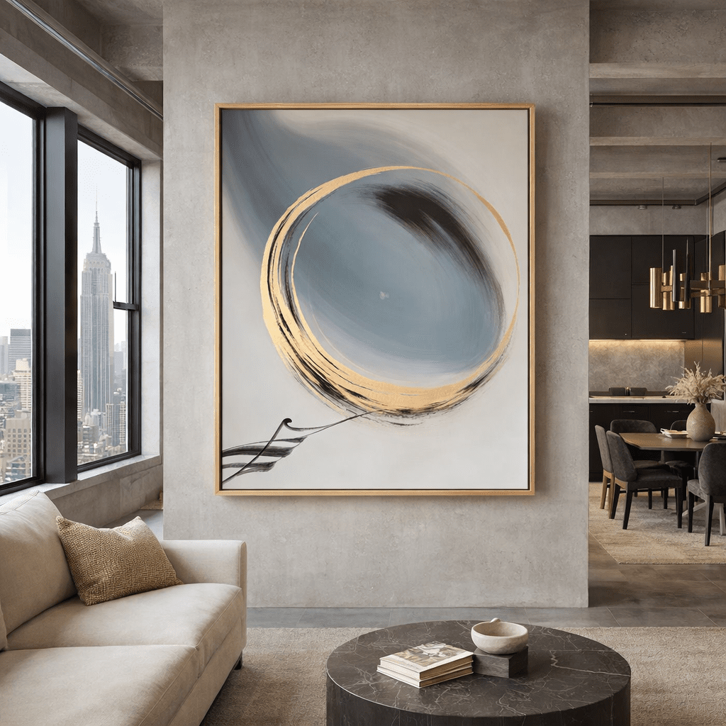 Original Painting : Golden Zen Circle – Zen Circle Painting modern abstract canvas wall art by Rossetti Art – luxury interior design artwork for living room, bedroom, office – Calm Interior Decor Gold Foil Abstract Art Handmade Art Canvas