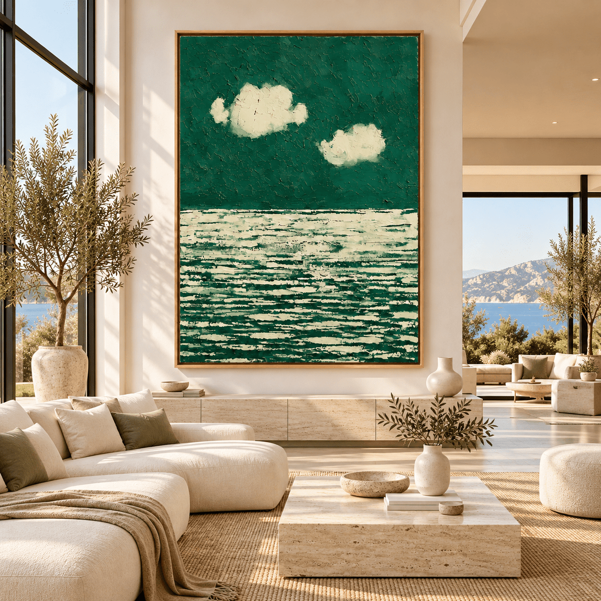 Green Ocean Painting – Emerald Tide by Rossetti Art above a sofa in a sunlit living room