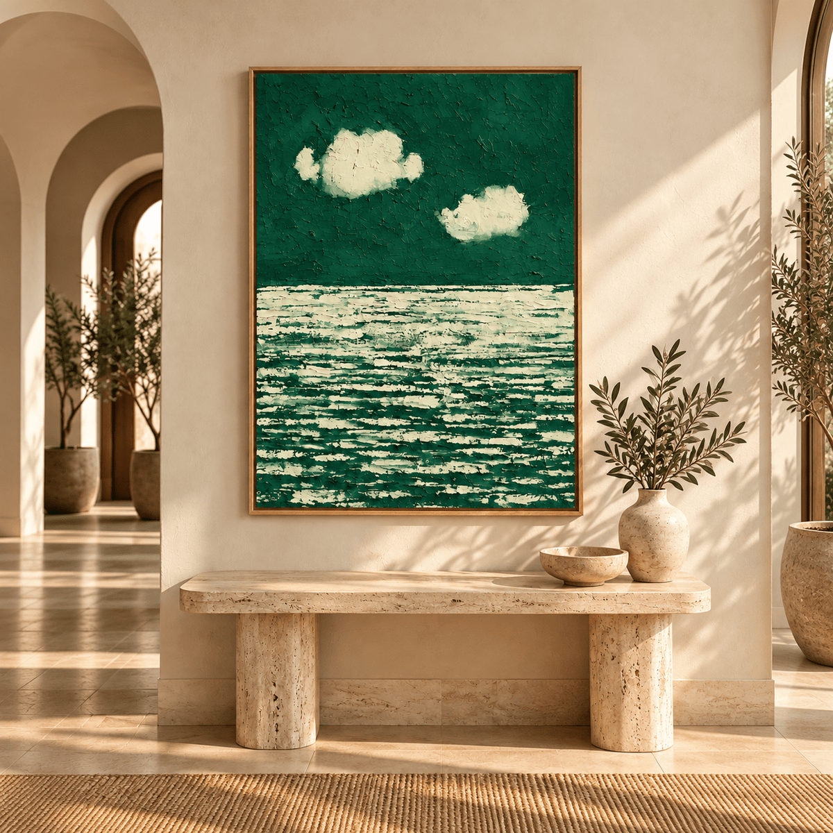 Green Ocean Painting – Emerald Tide by Rossetti Art above a stone console in an entryway