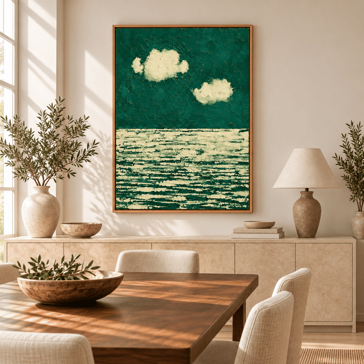 Green Ocean Painting – Emerald Tide by Rossetti Art above a sideboard in a dining room