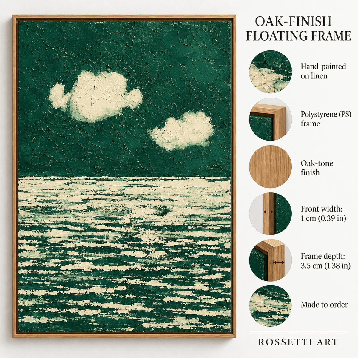 Green Ocean Painting – Emerald Tide by Rossetti Art, hand-painted on linen with polystyrene floater frame details