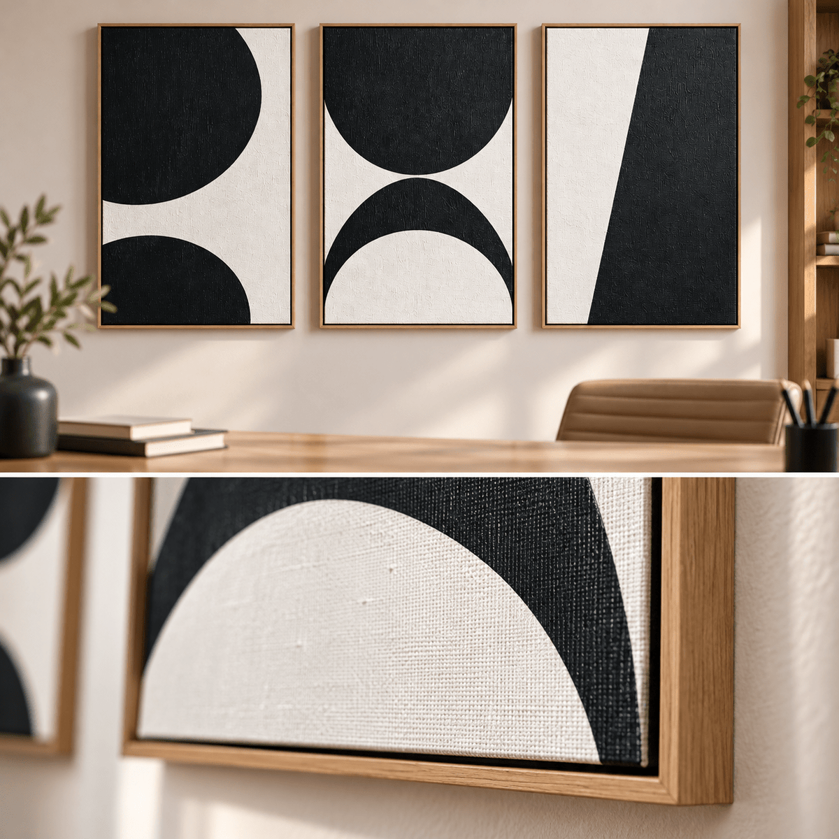 Half Circle Wall Art Set of 3 – Lunar Divide in a home office with close-up of linen texture and floater frame by Rossetti Art