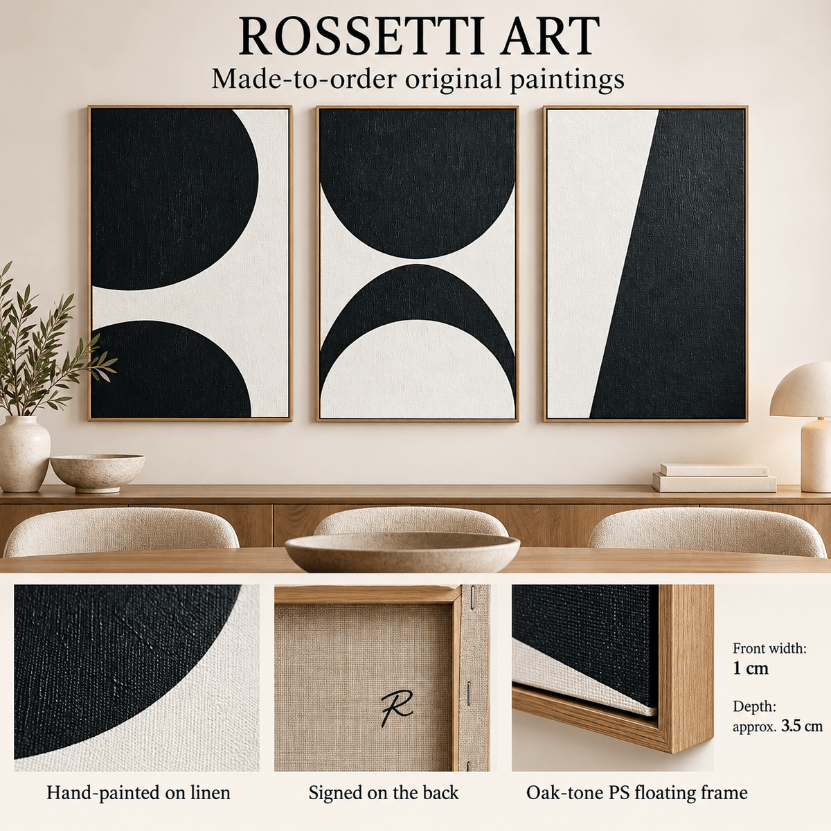 Half Circle Wall Art Set of 3 – Lunar Divide original paintings, hand-painted on linen with signed back and floating frame details by Rossetti Art