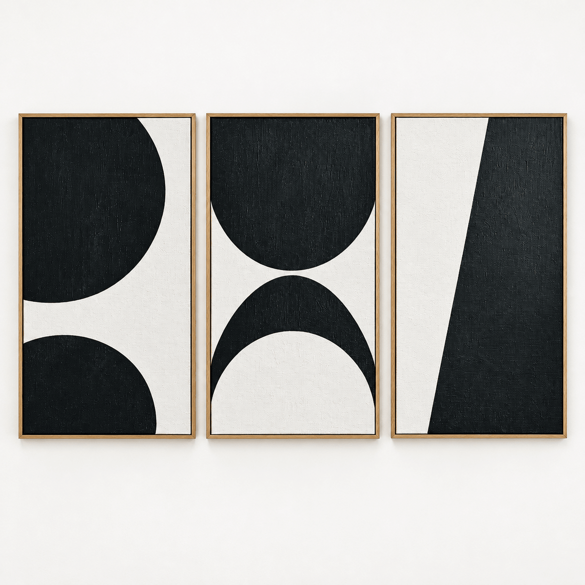 Half Circle Wall Art Set of 3 – Lunar Divide three vertical framed panels, black circles and crescent on ivory, by Rossetti Art