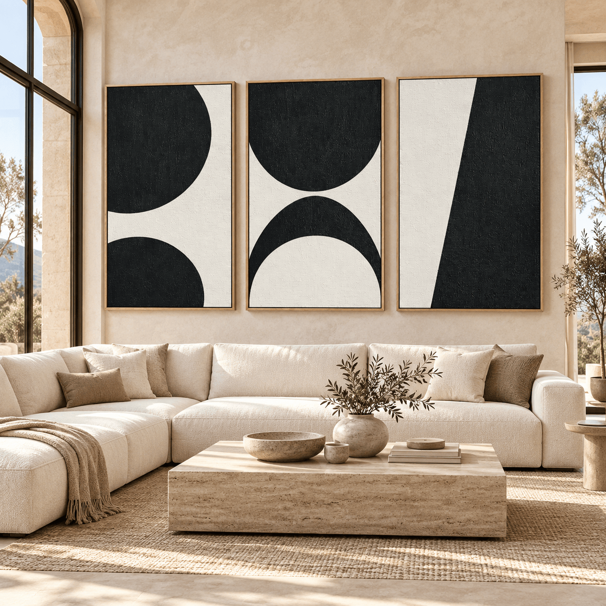 Half Circle Wall Art Set of 3 – Lunar Divide above a cream sectional sofa in a living room by Rossetti Art