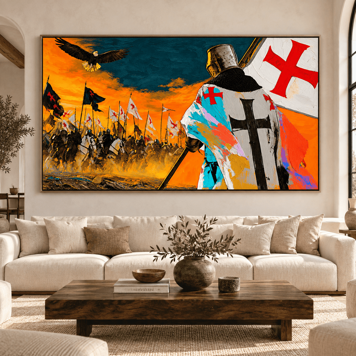 Knight Painting – Crimson Vigil above a sofa in a living room, by Rossetti Art
